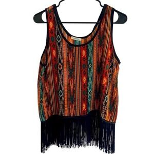 ENTRO Women's Aztec Print Sleeveless Top Black Fringe Boho Summer Festival SZ L